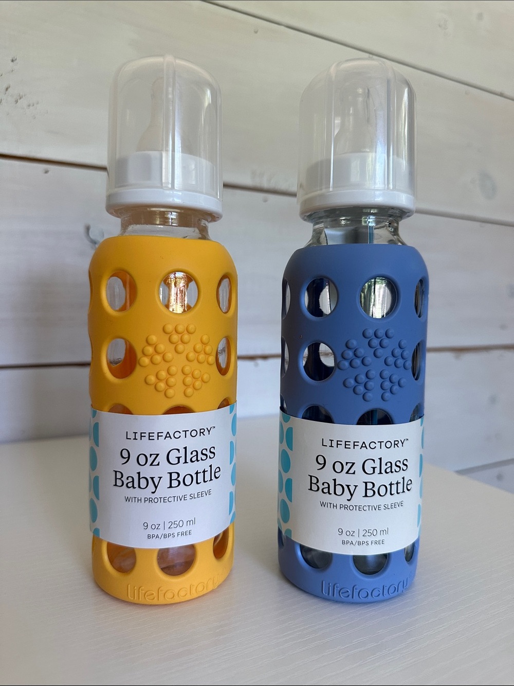 Lifefactory 9 oz Glass Baby Bottles - Yellow & Blue Sleeves